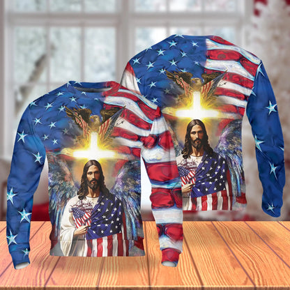 America and Jesus Bless Sweatshirt, 3D All Over Print Patriotic Faith Crewneck Pullover for Men Women, Christian American Gift - Netecom