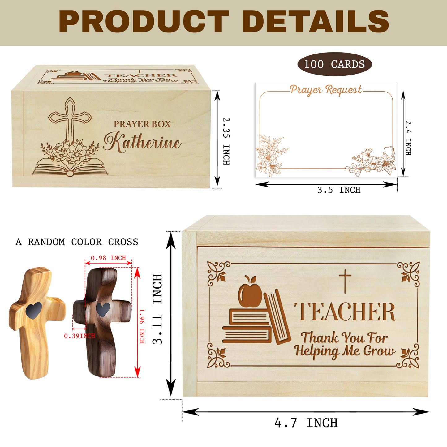 Netecom Personalized Teacher Prayer Box with Custom Name on Box & Cross, Christian Appreciation Gift with 100 Prayer Request Cards, Faith Gift for Teachers