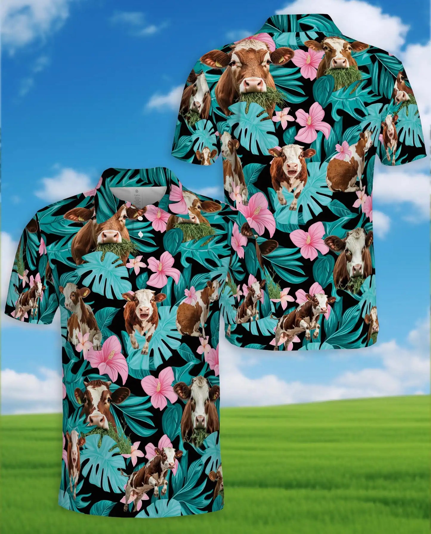 Cow Tropical Polo Shirt - Hawaiian Farm Animal Floral Design | Netecom