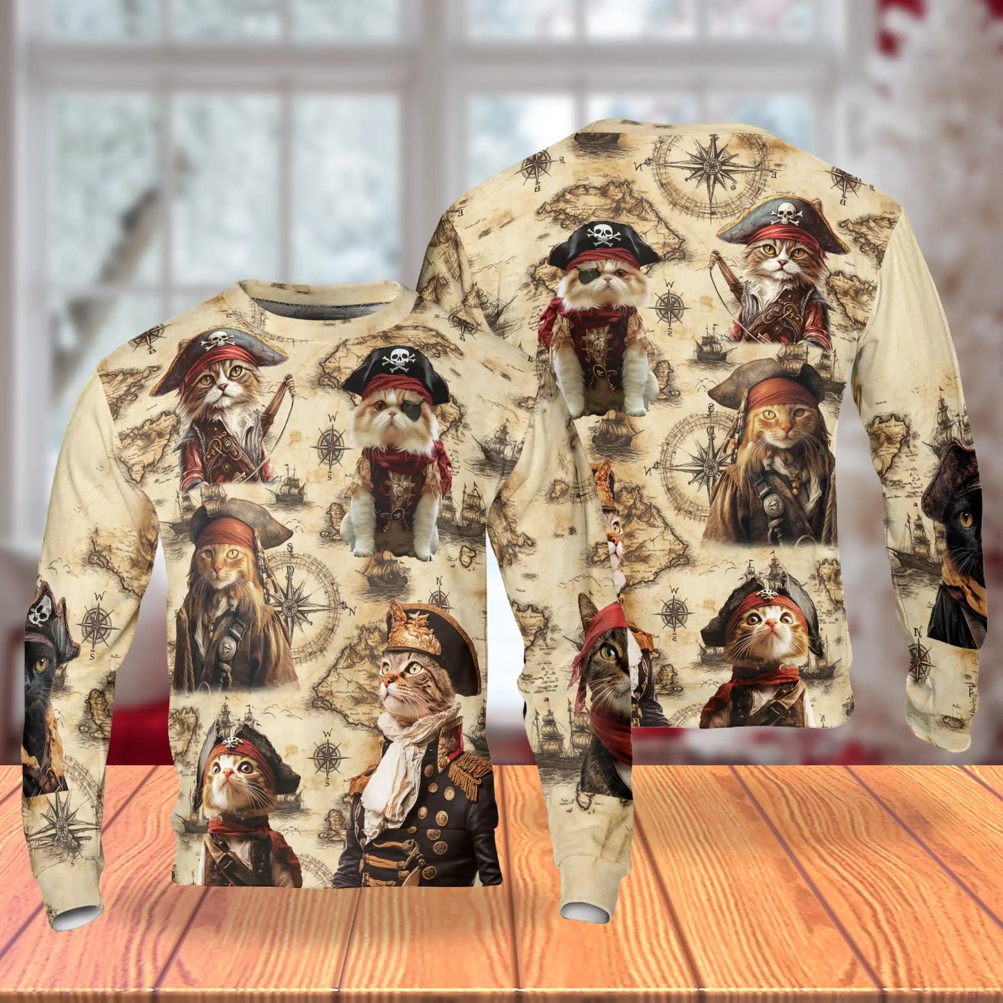 Cat Pirate All Over Print Sweatshirt, 3D All Over Print Nautical Adventure Crewneck Pullover for Men Women, Pirate Cat Lover Gift - Netecom