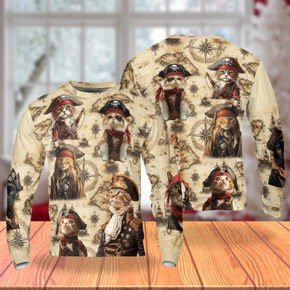 Cat Pirate All Over Print Sweatshirt, 3D All Over Print Nautical Adventure Crewneck Pullover for Men Women, Pirate Cat Lover Gift - Netecom