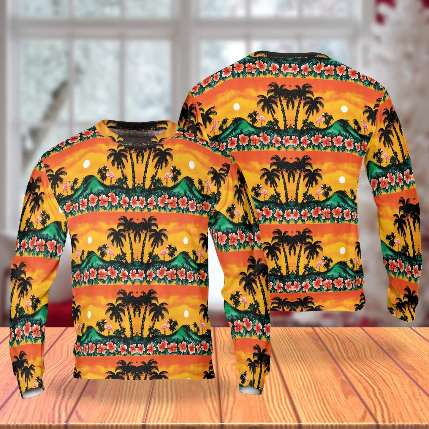 Tropical Flamingo Sweatshirt, 3D All Over Print Sunset Beach Crewneck Pullover for Men Women, Flamingo Lover Gift - Netecom