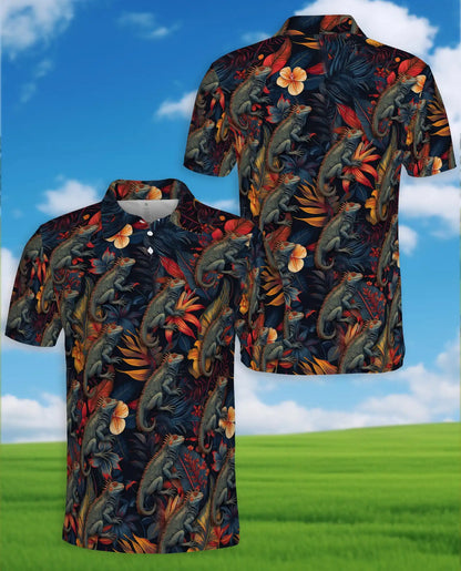 Iguana Tropical Polo Shirt - Hawaiian Reptile Floral Wildlife Design | Netecom