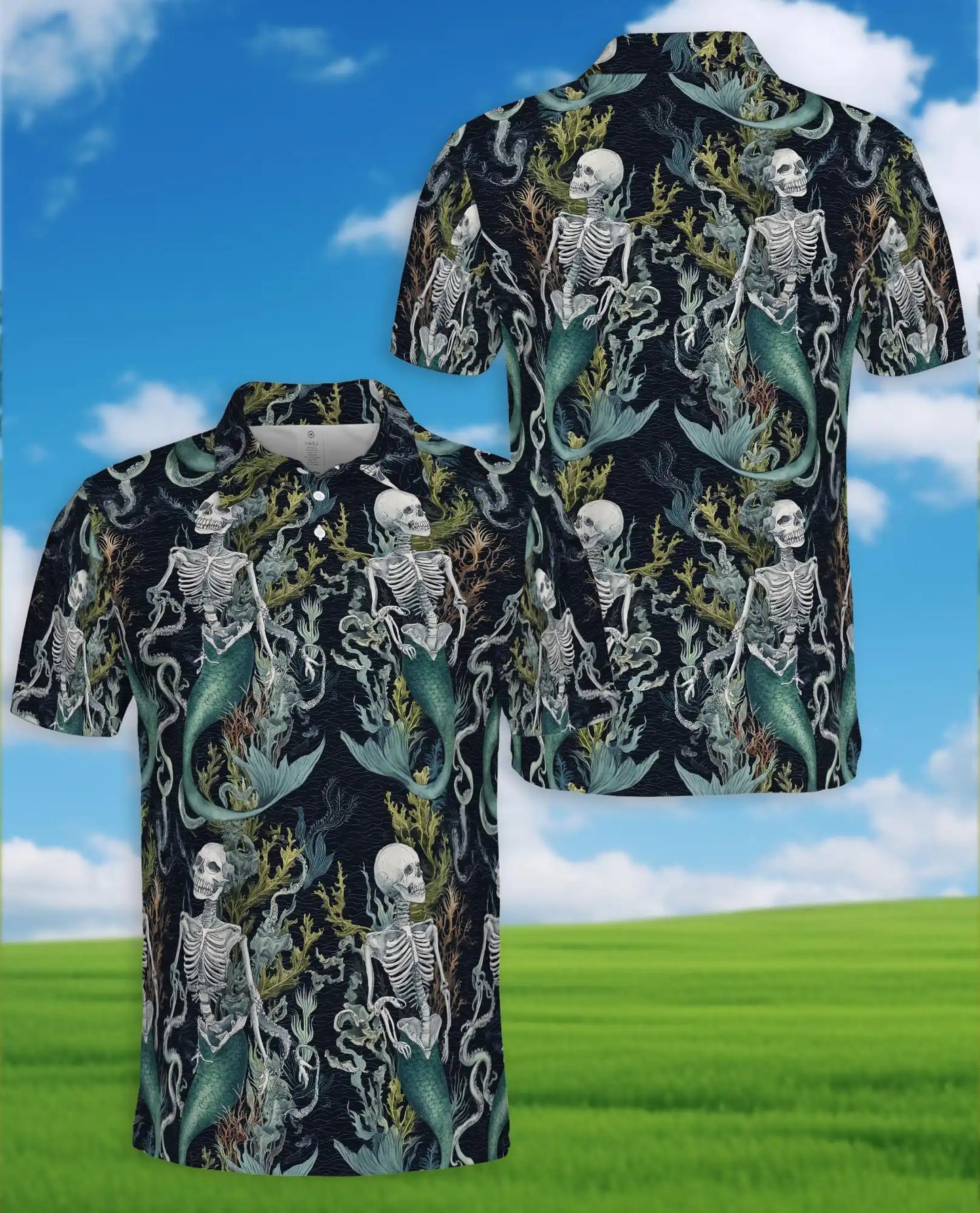 Skeleton Mermaid Polo Shirt - Gothic Ocean Fantasy Style | Netecom