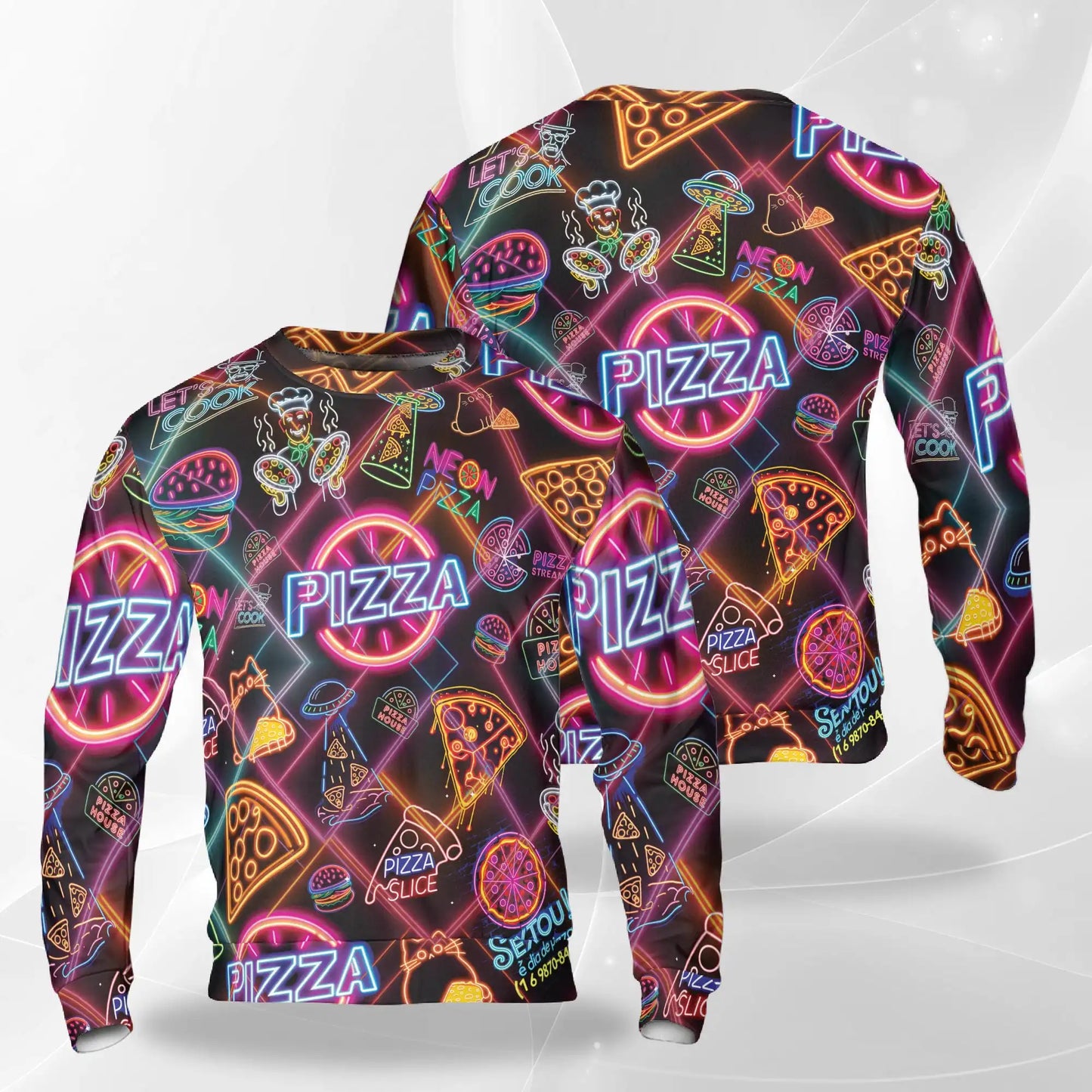 Vibrant Neon Pizza Pattern Sweatshirt, 3D All Over Print Colorful Food Crewneck Pullover for Men Women, Pizza Lover Gift - Netecom