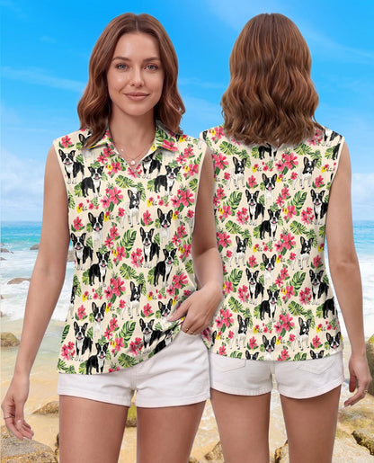 Boston Terrier Floral Sleeveless Polo Shirt for Women – Cute Dog Style | Netecom