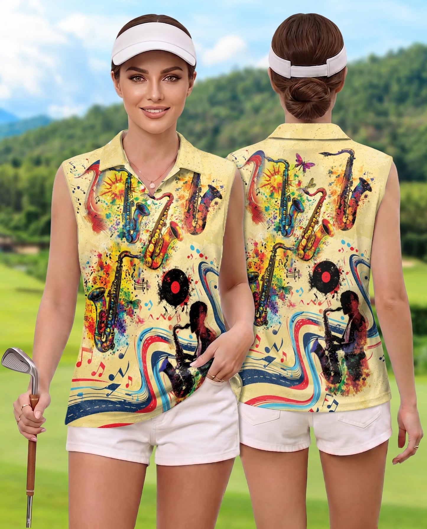 Music Saxophone Sleeveless Polo Shirt for Women | Netecom