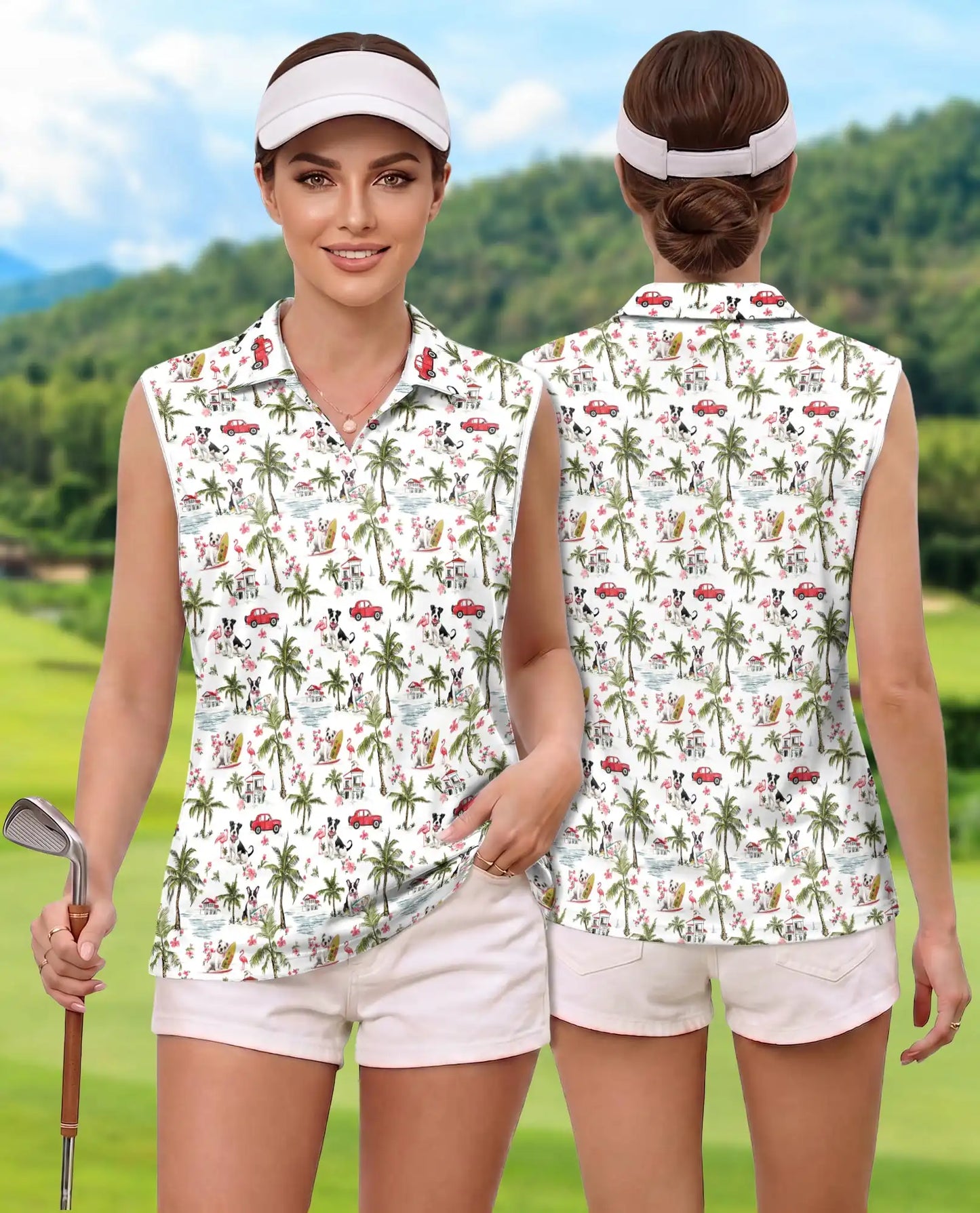 Boston Terrier Tropical Pattern Sleeveless Polo Shirt for Women | Netecom