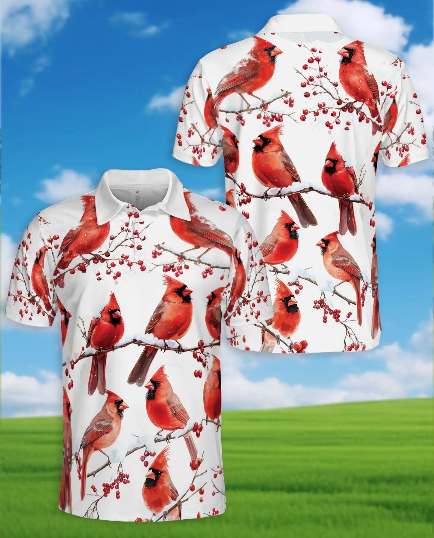 Red Cardinal Polo Shirt - Winter Songbird Nature Style | Netecom