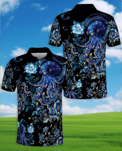 Blue Octopus Polo Shirt - Floral Ocean Fantasy Marine Art Design | Netecom