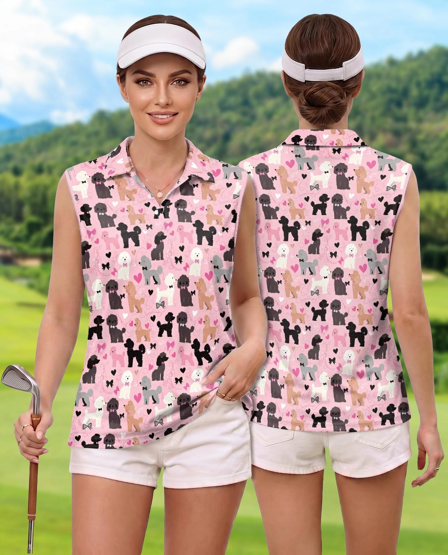 Pink Poodle Print Sleeveless Polo Shirt for Women – Cute Dog Lover Style | Netecom