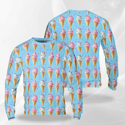 Ice Cream Pattern Sweatshirt, 3D All Over Print Dessert Crewneck Pullover for Men Women, Ice Cream Lover Gift - Netecom