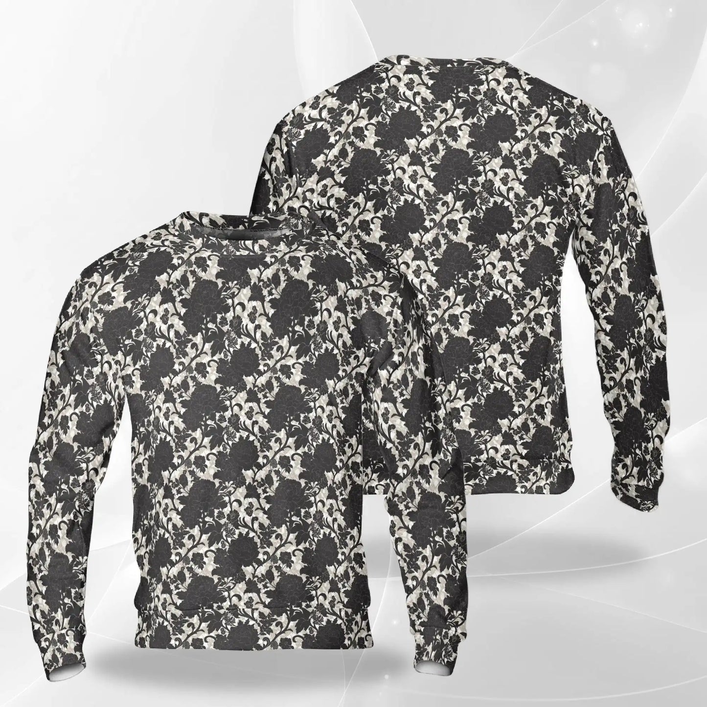 Black Gothic Floral Sweatshirt, 3D All Over Print Dark Botanical Crewneck Pullover for Men Women, Gothic Flower Lover Gift - Netecom