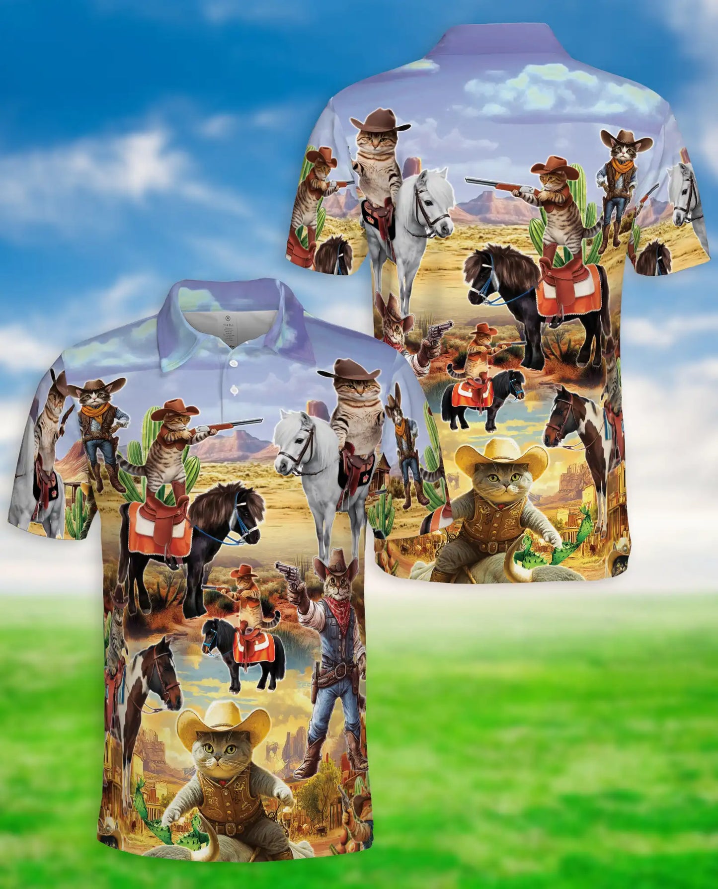 Funny Cowboy Cat 3D Polo Shirt for Men – Wild West Western Pet Style | Netecom