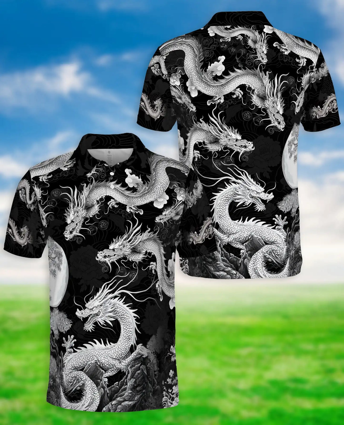 Black White Asian Dragon 3D Polo Shirt for Men – Monochrome Fantasy Style | Netecom