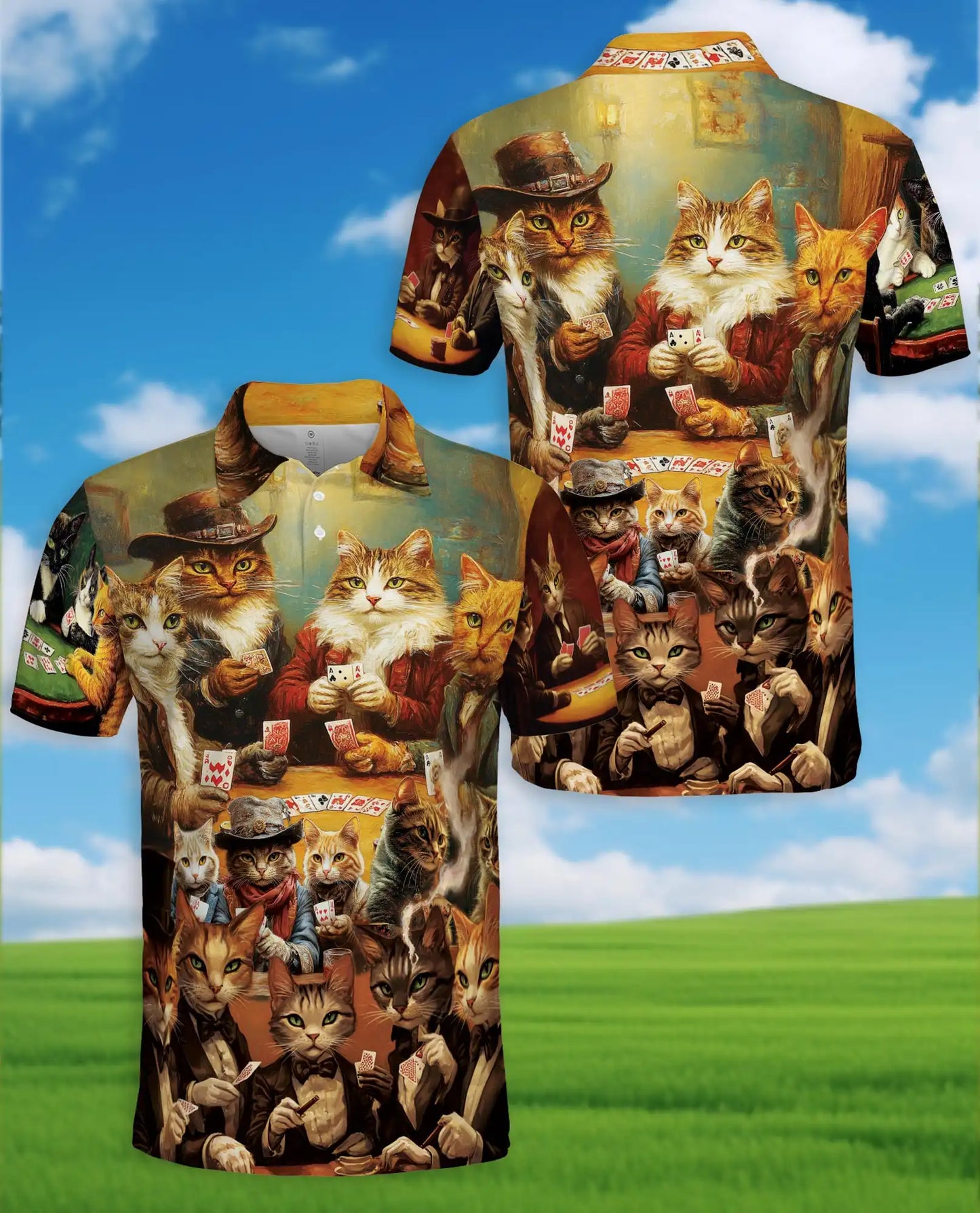 Vintage Cat Poker 3D Polo Shirt for Men – Funny Animal Card Game | Netecom