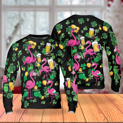 St. Patrick's Day Flamingo Pattern Sweatshirt, 3D All Over Print Irish Holiday Crewneck Pullover for Men Women, Flamingo Lover Gift - Netecom
