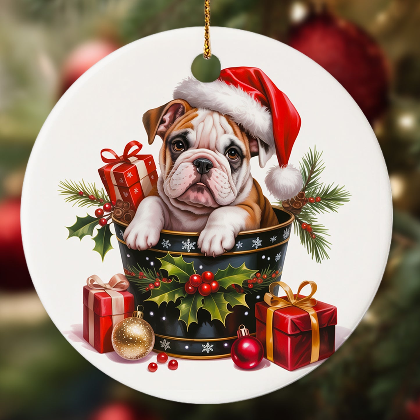 Netecom Cute Bulldog in Bucket Ornament, Dog with Santa Hat Ceramic Ornament for Christmas Tree Hanging Decorations Gift, Puppy Lover Gifts, Home Decor, Holiday Party Present