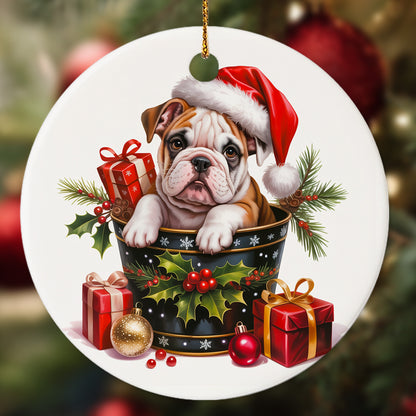 Netecom Cute Bulldog in Bucket Ornament, Dog with Santa Hat Ceramic Ornament for Christmas Tree Hanging Decorations Gift, Puppy Lover Gifts, Home Decor, Holiday Party Present