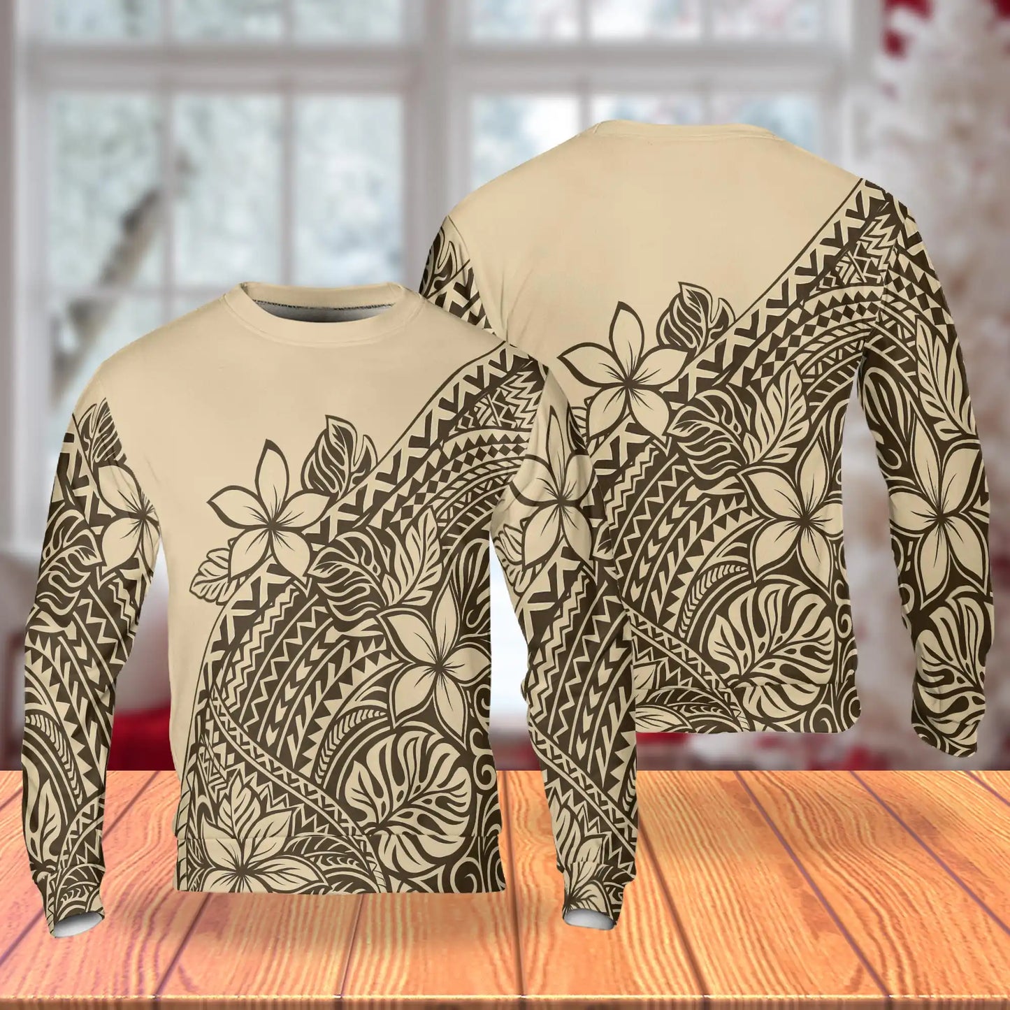 Tribal Tropical Flowers Beige Sweatshirt, 3D All Over Print Polynesian Floral Crewneck Pullover for Men Women, Tropical Flower Lover Gift - Netecom