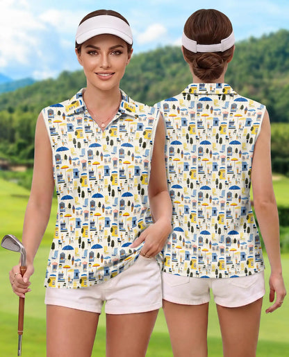 Coastal Beach Scene Pattern Sleeveless Polo Shirt for Women  | Netecom