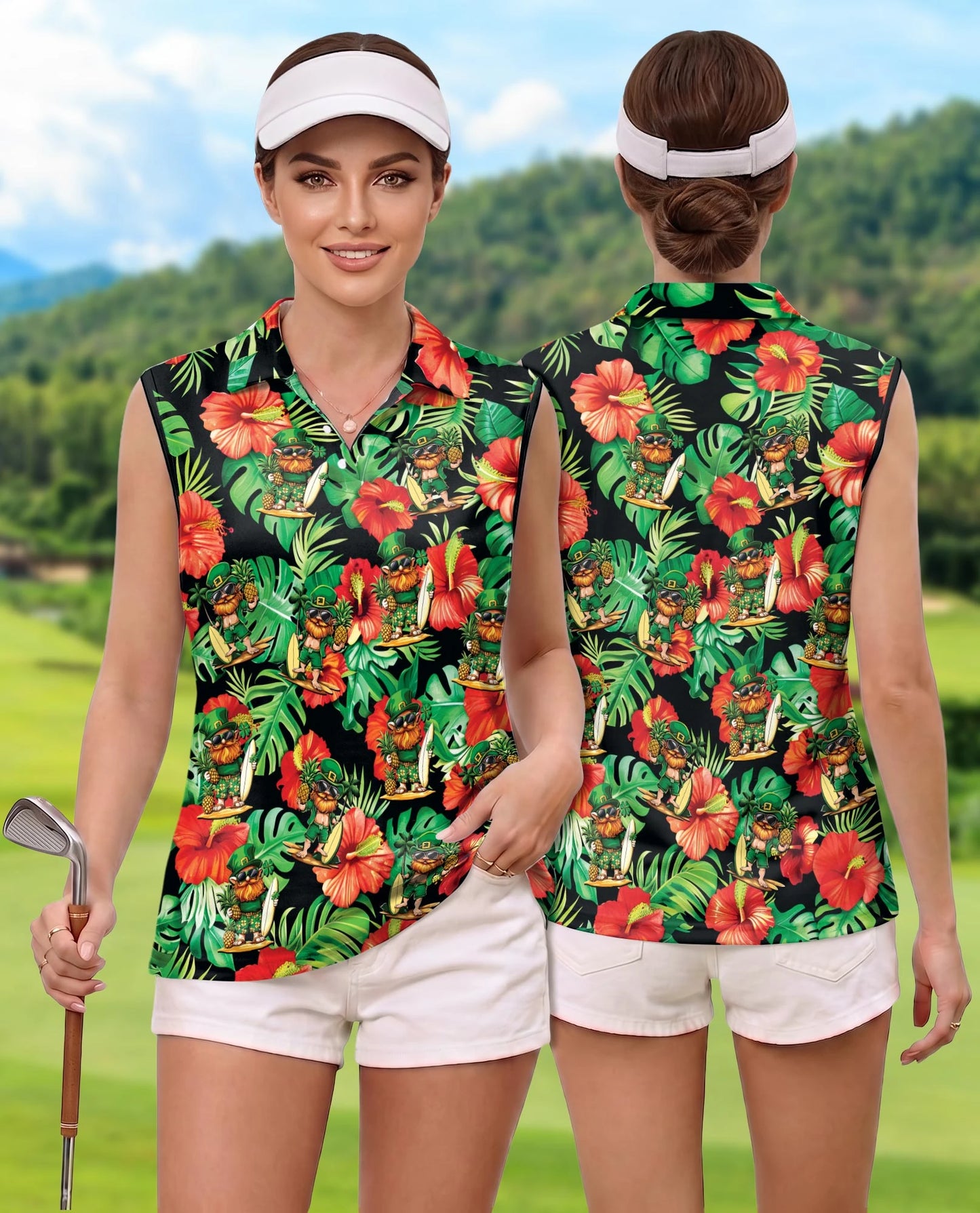 Funny Surfing Leprechaun Tropical Sleeveless Polo Shirt for Women | Netecom