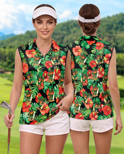 Funny Surfing Leprechaun Tropical Sleeveless Polo Shirt for Women | Netecom