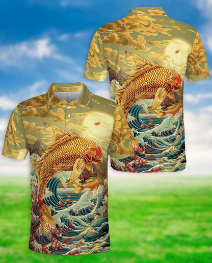 Golden Koi Fish 3D Polo Shirt for Men – Japanese Ocean Art Style | Netecom