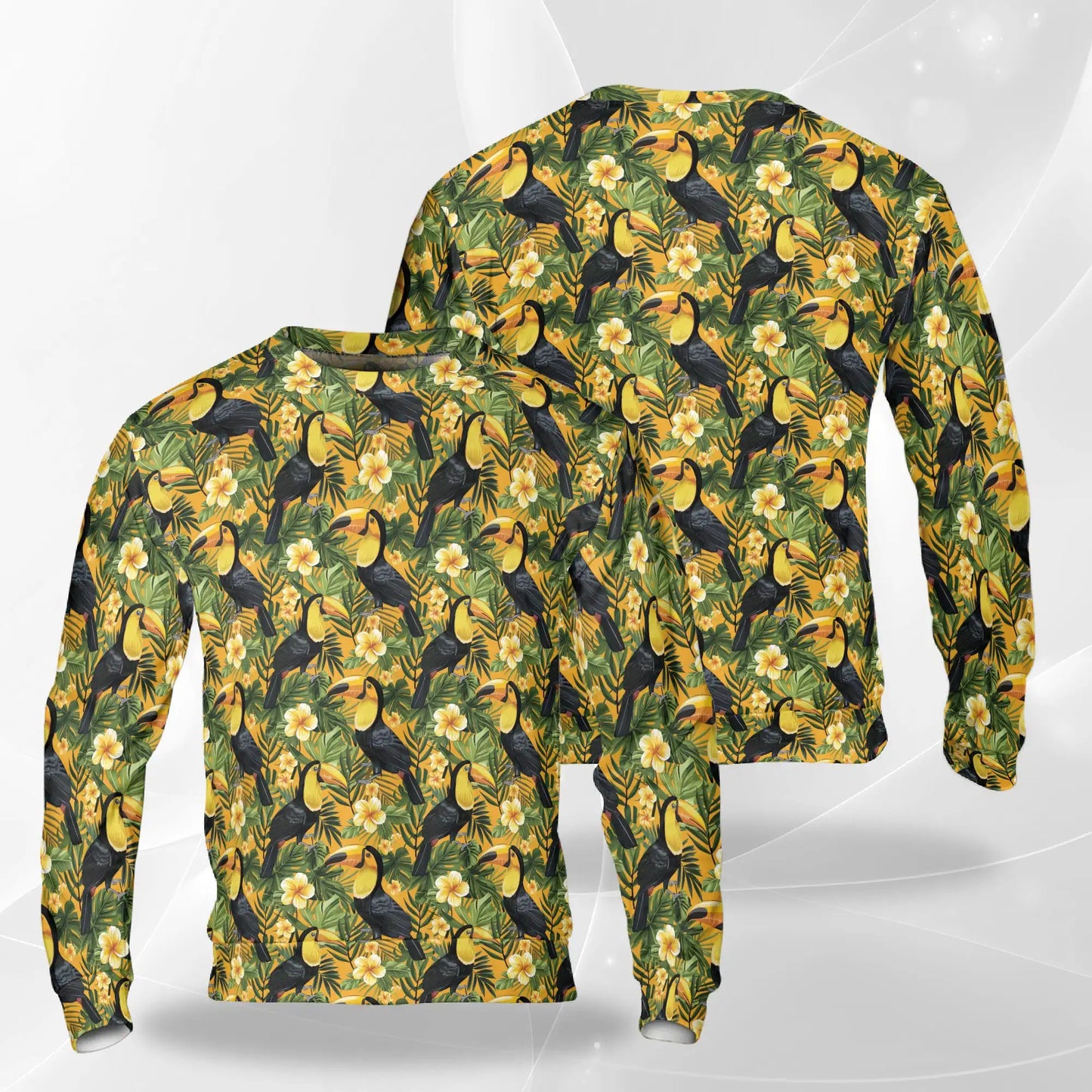 Toucan Plumeria Tropical Yellow Pattern Sweatshirt, 3D All Over Print Exotic Bird Floral Crewneck Pullover for Men Women, Toucan Lover Gift - Netecom