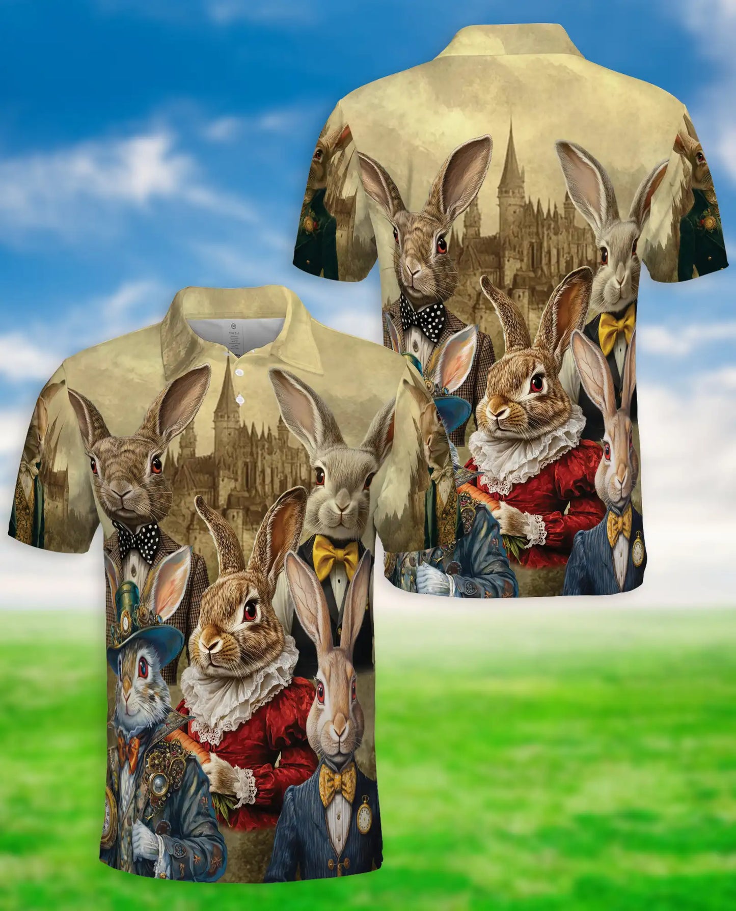 Vintage Rabbit 3D Polo Shirt for Men – Victorian Bunny Art Style | Netecom
