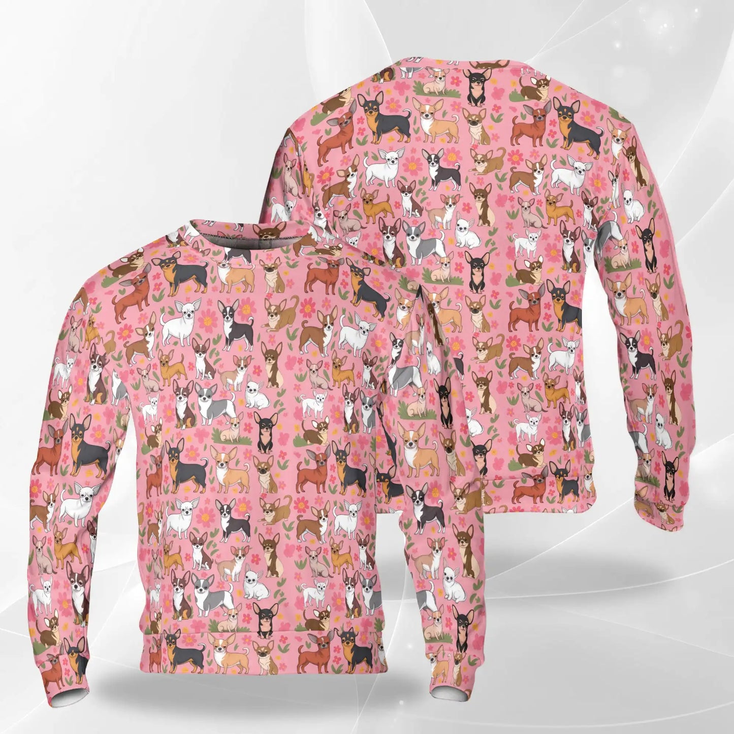 Floral Chihuahua Sweatshirt, 3D All Over Print Flowers Dog Crewneck Pullover for Men Women, Chihuahua Lover Gift - Netecom