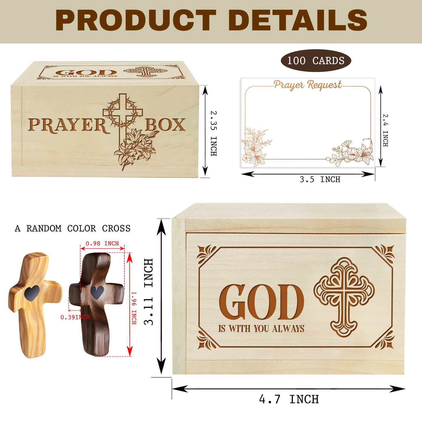 Netecom Personalized Wooden Prayer Box with Custom Name Handheld Cross, Christian Faith Prayer Box with 100 Prayer Request Cards, Religious Keepsake Gift for Daily Prayer & Reflection