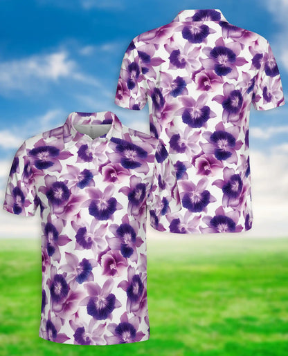 Purple Orchid Floral Polo Shirt for Men-Tropical Flower Botanical Summer | Netecom