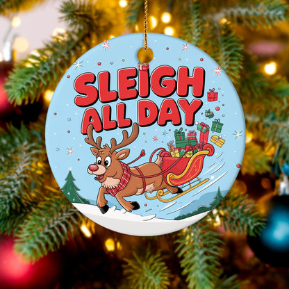 Netecom Funny Santa Sleigh Christmas Ornament, Sleigh All Day Ceramic Ornament for Xmas Tree Hanging Decorations Gift, Home Decor, Gifts for Friends & Family, Holiday Party Present