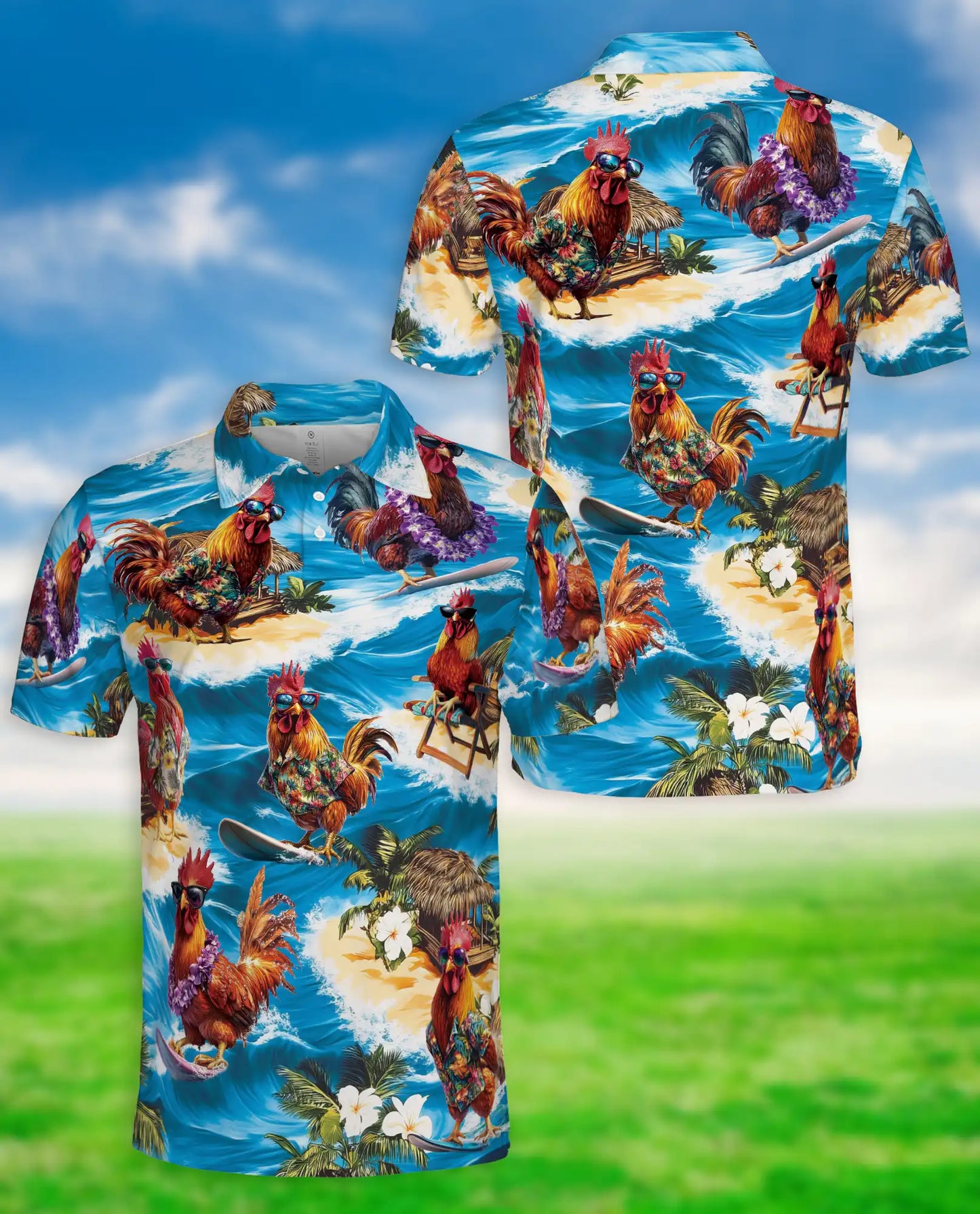 Surfing Rooster 3D Polo Shirt for Men – Funny Beach Chicken Style | Netecom