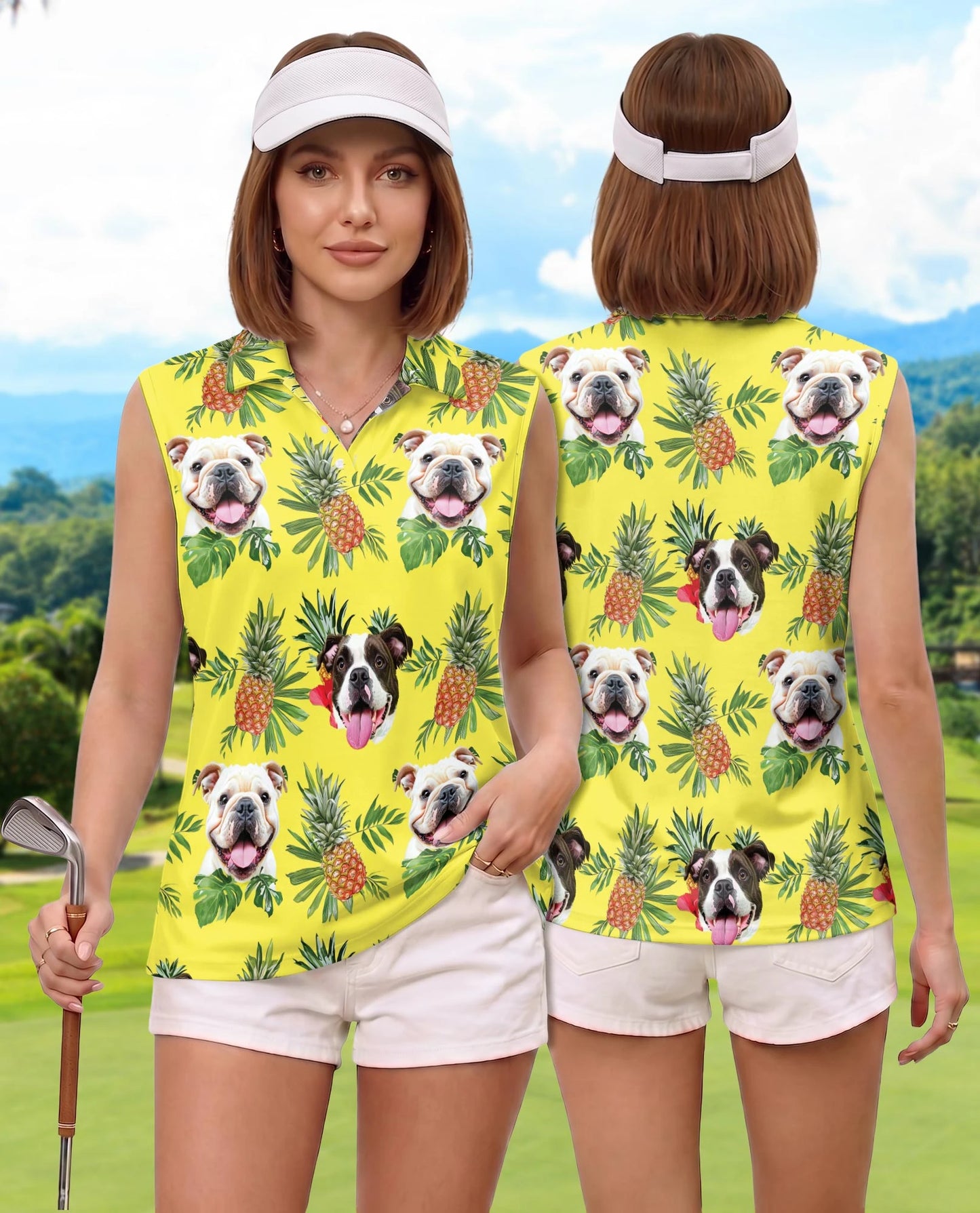 English Bulldog Tropical Sleeveless Polo Shirt for Women | Netecom