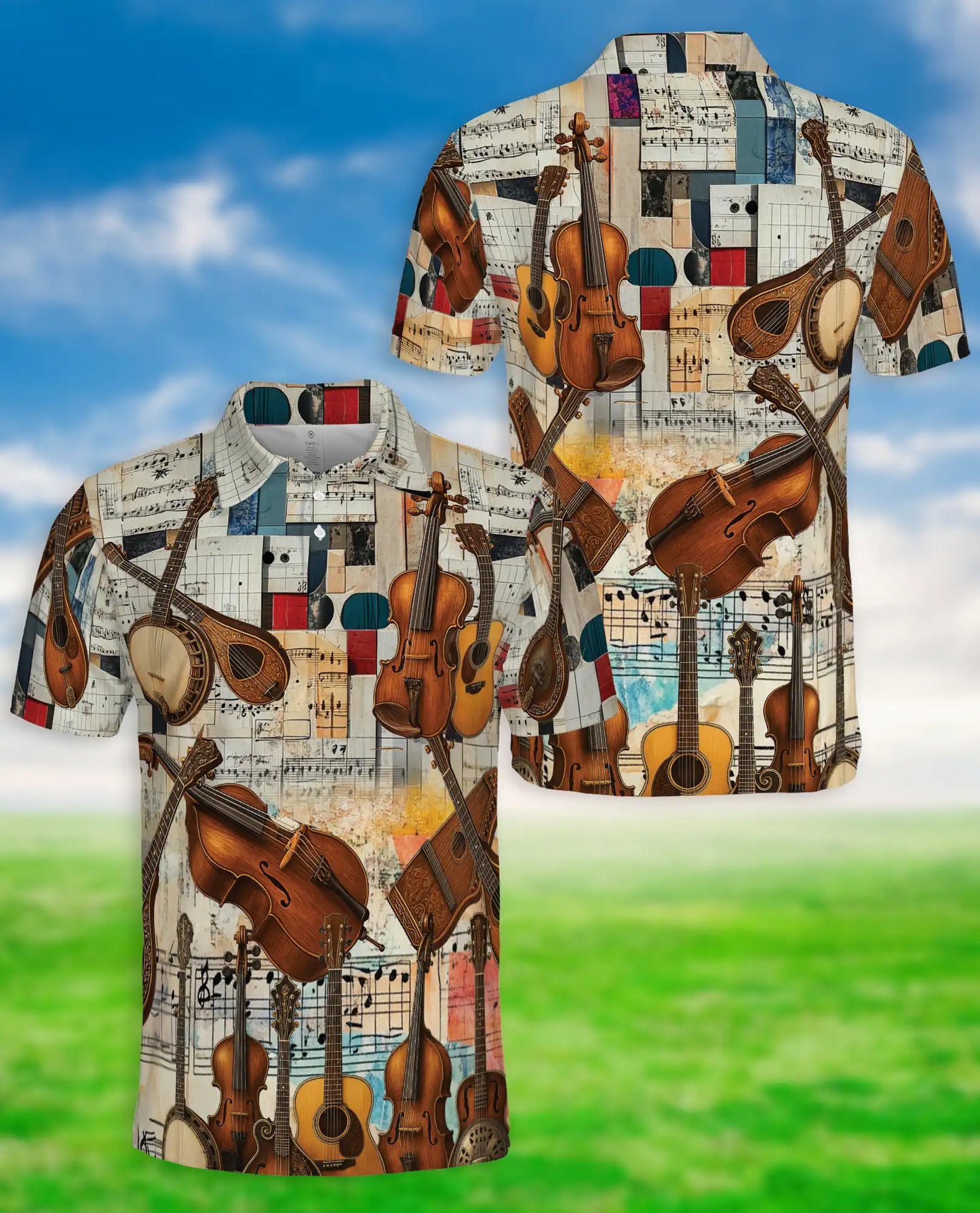 Vintage Music Polo Shirt – Instrument Collage Print | Netecom