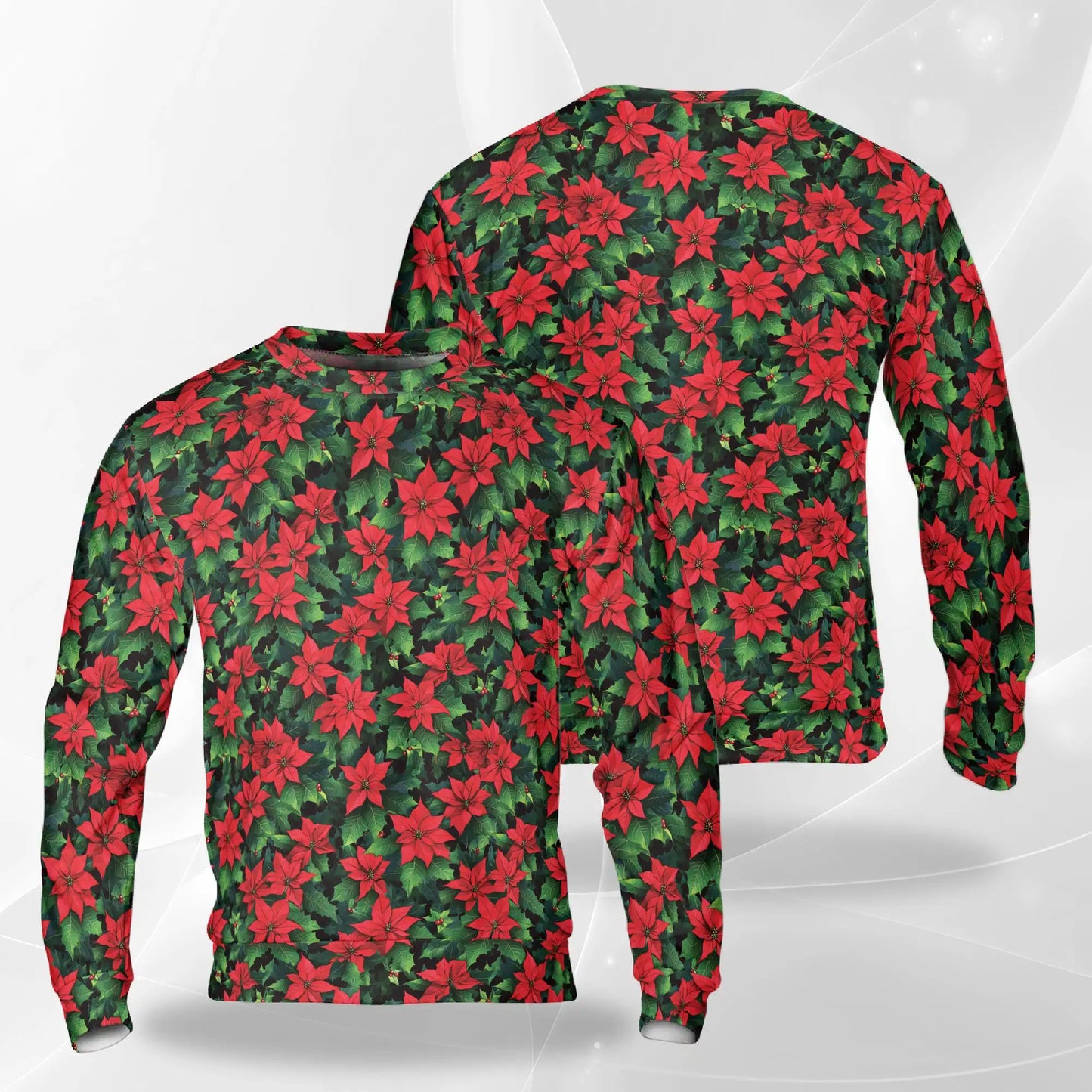 Poinsettia Pattern Sweatshirt, 3D All Over Print Christmas Floral Crewneck Pullover for Men Women, Holiday Flower Lover Gift - Netecom