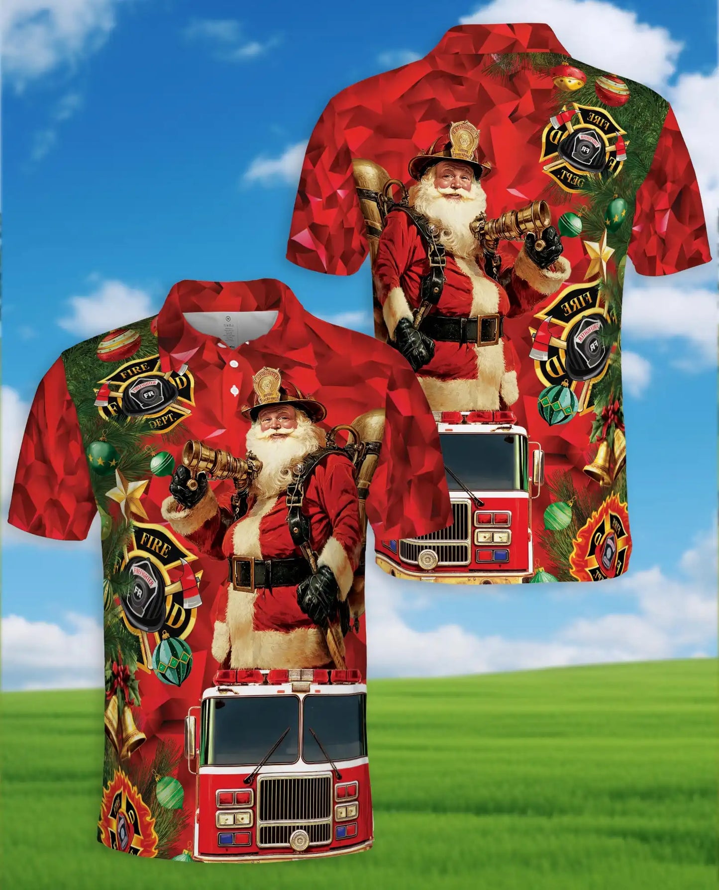 Firefighter Santa Christmas Polo Shirt, Fire Truck Holiday Style | Netecom