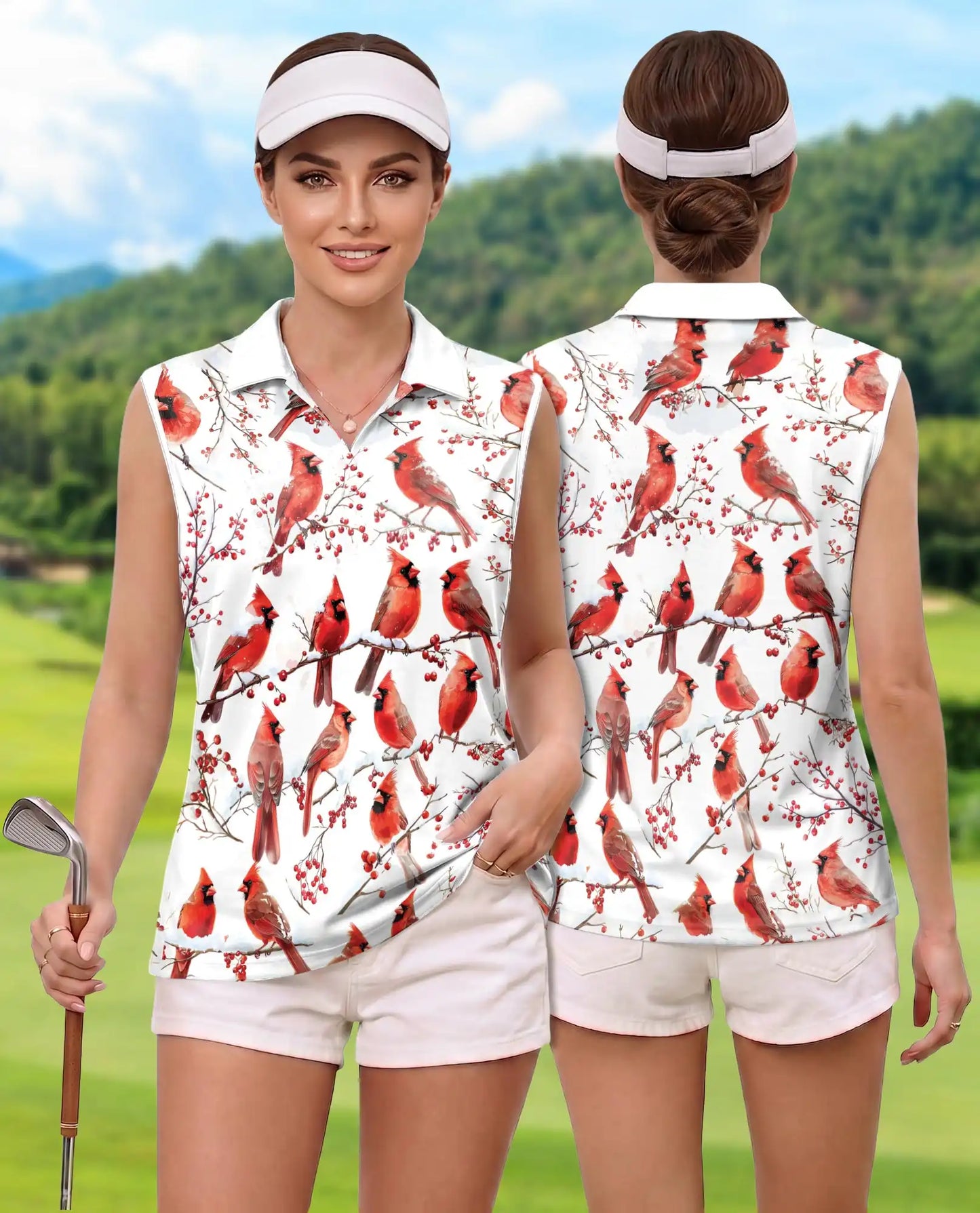 Cardinal Bird Sleeveless Polo Shirt for Women – Elegant Wildlife Nature Style | Netecom
