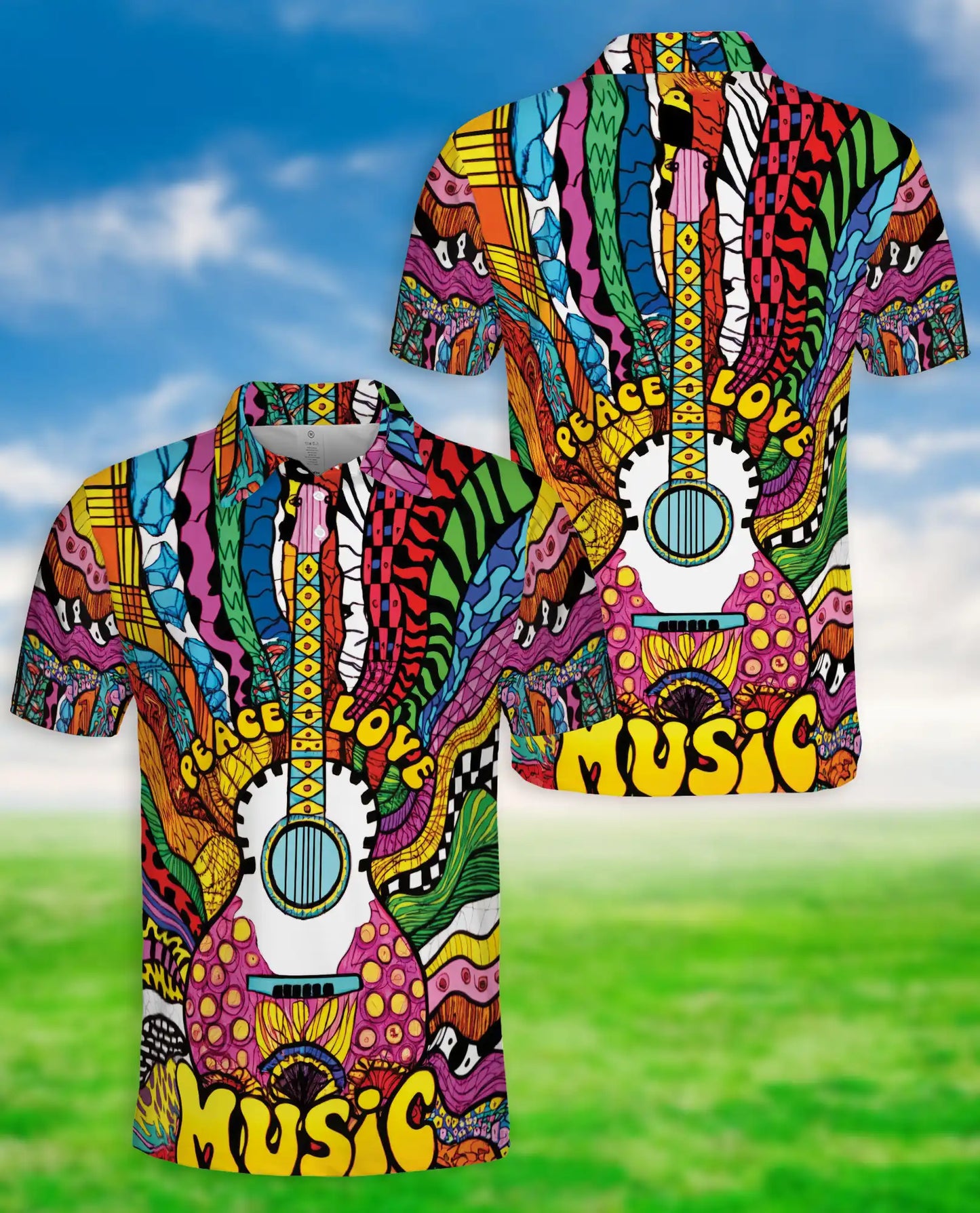Psychedelic Music 3D Polo Shirt for Men – Colorful Guitar Art Style | Netecom