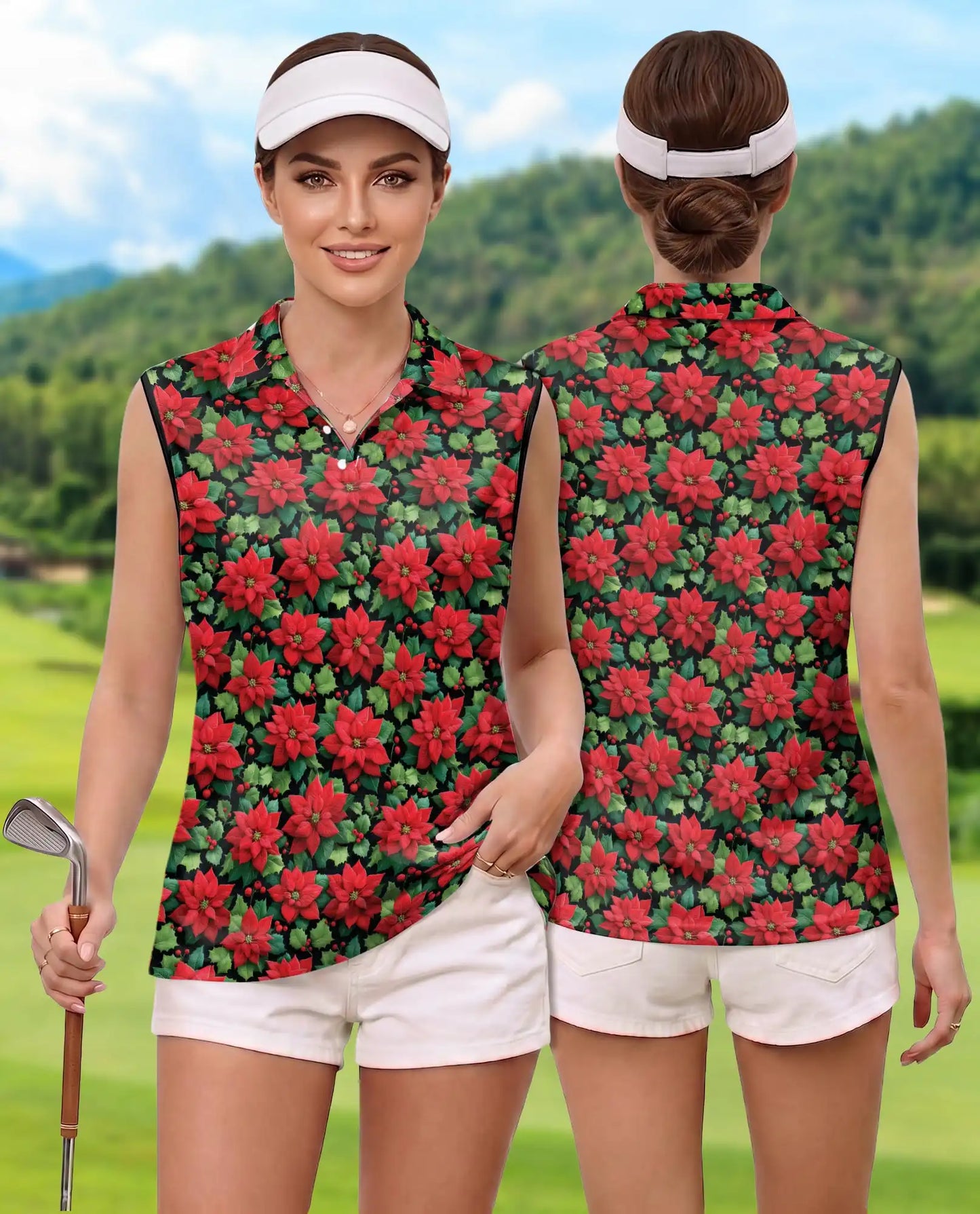 Red Poinsettia Pattern Sleeveless Polo Shirt for Women| Netecom