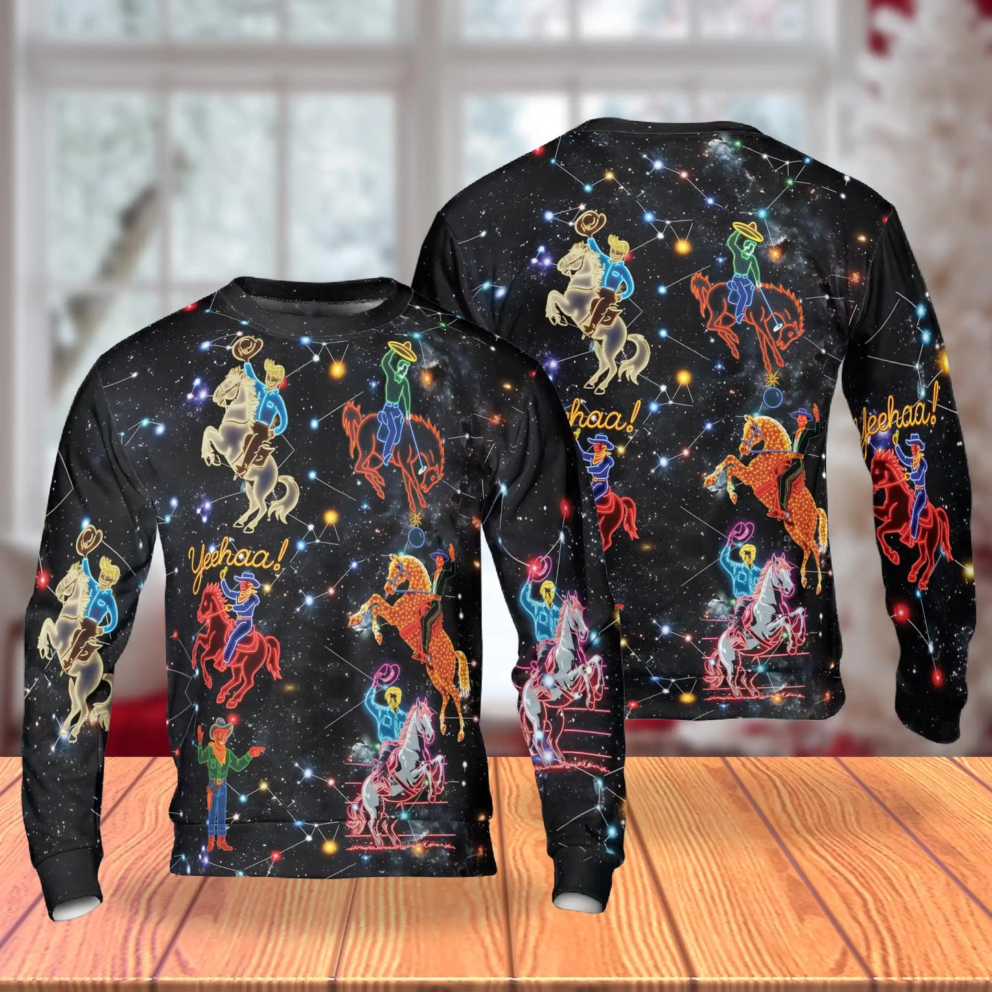 Neon Cowboy Constellation Sweatshirt, 3D All Over Print Western Galaxy Crewneck Pullover for Men Women, Cowboy Lover Gift - Netecom