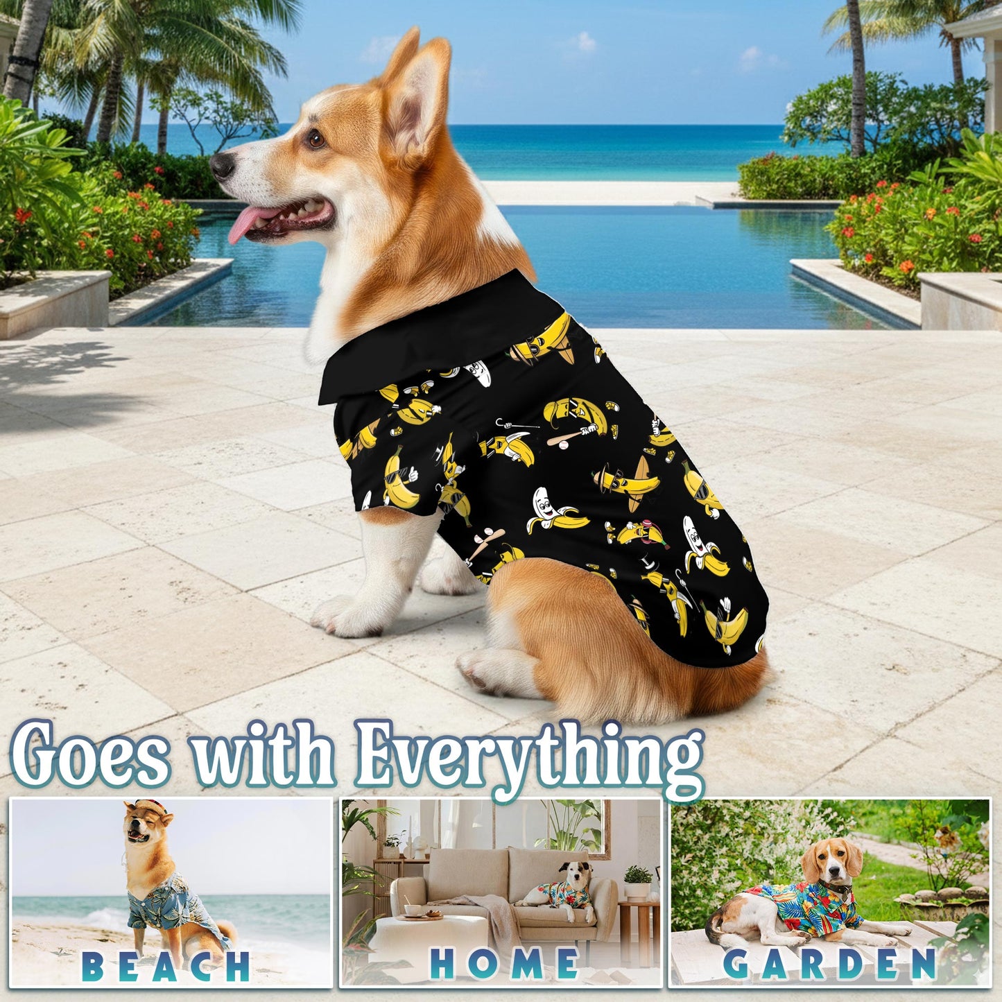 Netecom Matching Banana Pattern Hawaiian Shirt for Dog and Owner, Aloha Summer Shirt, Banana Print Outfit for Pet and Human, Beach Vacation Casual Wear