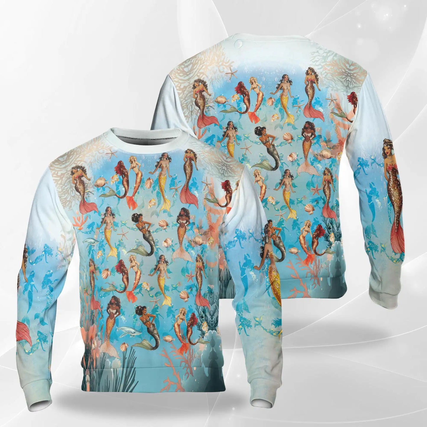 Mermaid Sea Horse Sweatshirt, 3D All Over Print Coral Reef Ocean Crewneck Pullover for Men Women, Mermaid Lover Gift - Netecom