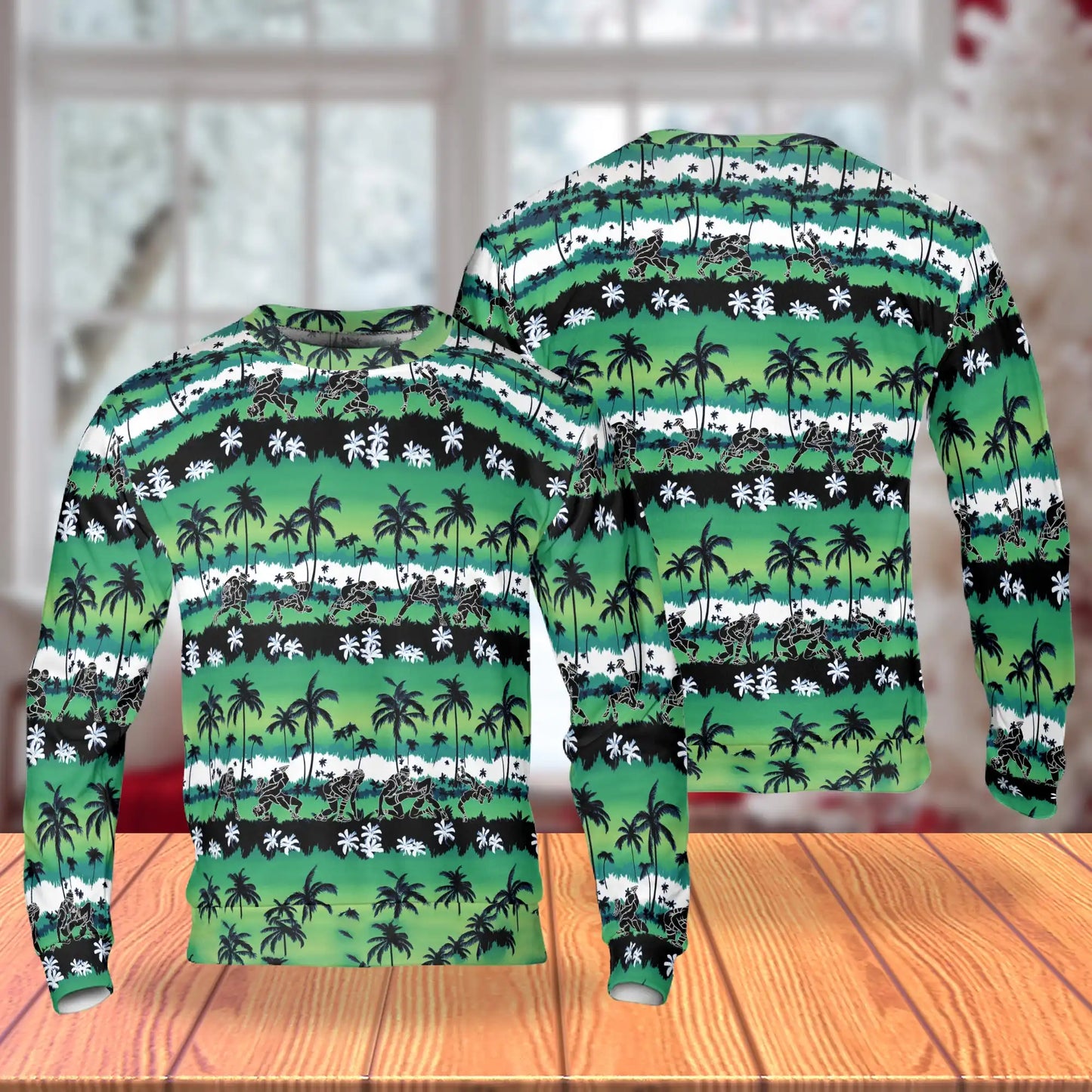Wrestling Palm Tree Sweatshirt, 3D All Over Print Green Tropical Wrestling Crewneck Pullover for Men Women, Wrestler Gift - Netecom