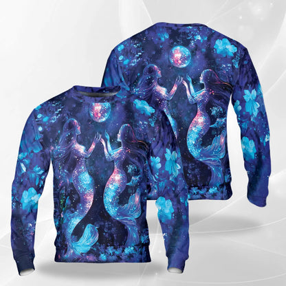 Floral Mermaid Sweatshirt, 3D All Over Print Black Fantasy Sea Crewneck Pullover for Men Women, Mermaid Lover Gift - Netecom