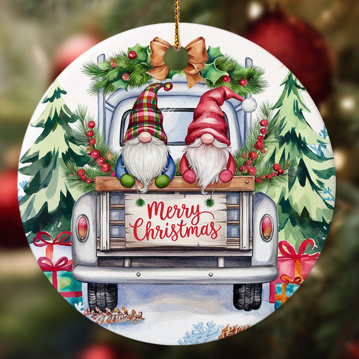 Netecom Funny Gnomes in White Truck Ornament, Merry Christmas Ceramic Ornament for Xmas Tree Hanging Decorations Gift, Gnomes Lover Gifts, Home Decor, Holiday Party Present
