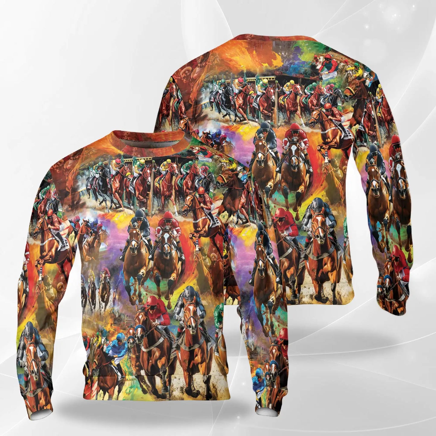 Vibrant Equestrian Horse Racing Sweatshirt, 3D All Over Print Colorful Horse Racing Crewneck Pullover for Men Women, Equestrian Lover Gift - Netecom
