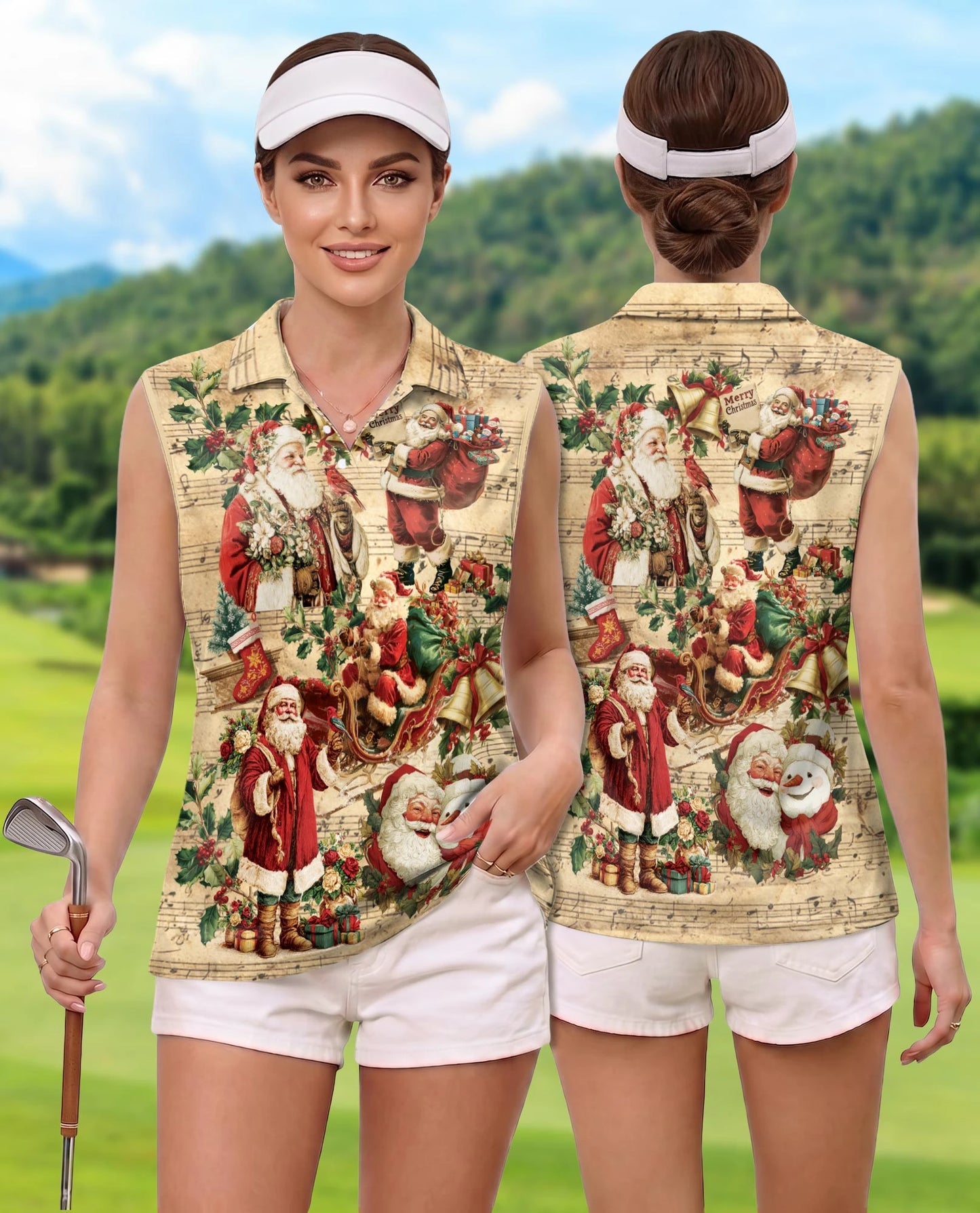 Vintage Music Santa Sleeveless Polo Shirt for Women – Christmas Holiday Style | Netecom